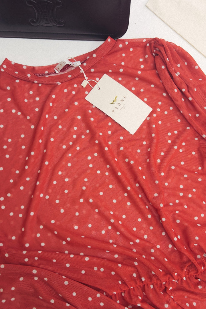 Vestido de Tule Mini Poá Vermelho