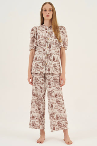 Calça Wide-Leg Toile de Jouy